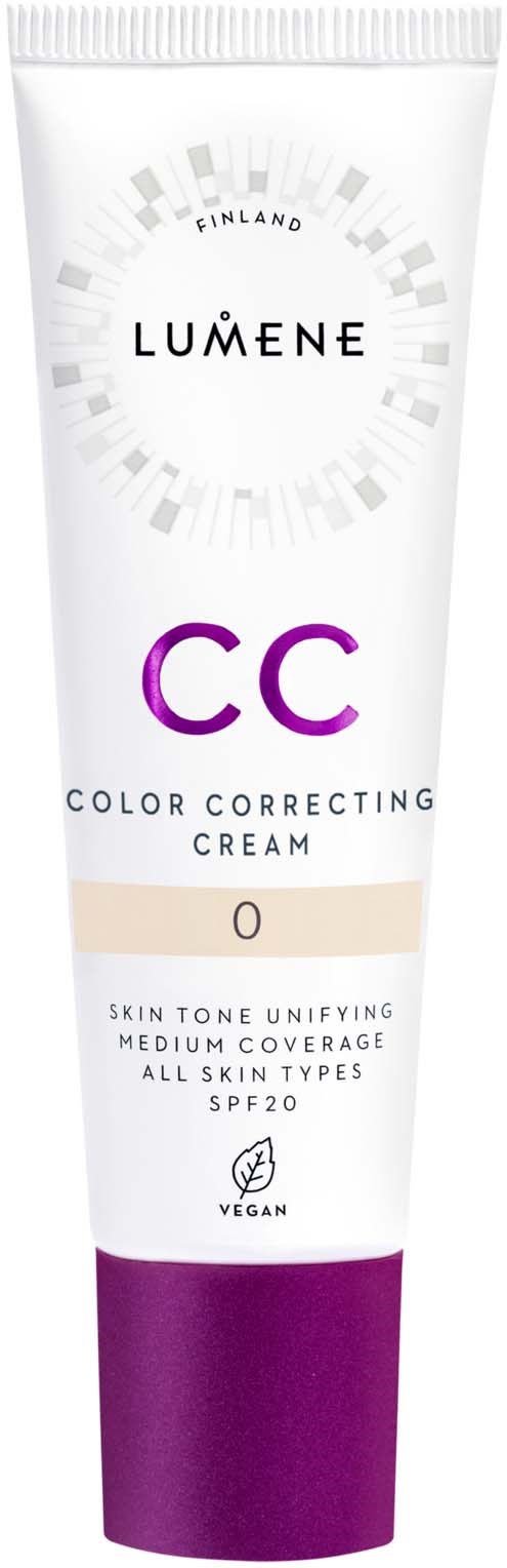 Eine weiße Tube Lumene CC Farbkorrekturcreme mit lila Boden, für alle Hauttypen, SPF20, vegan.
