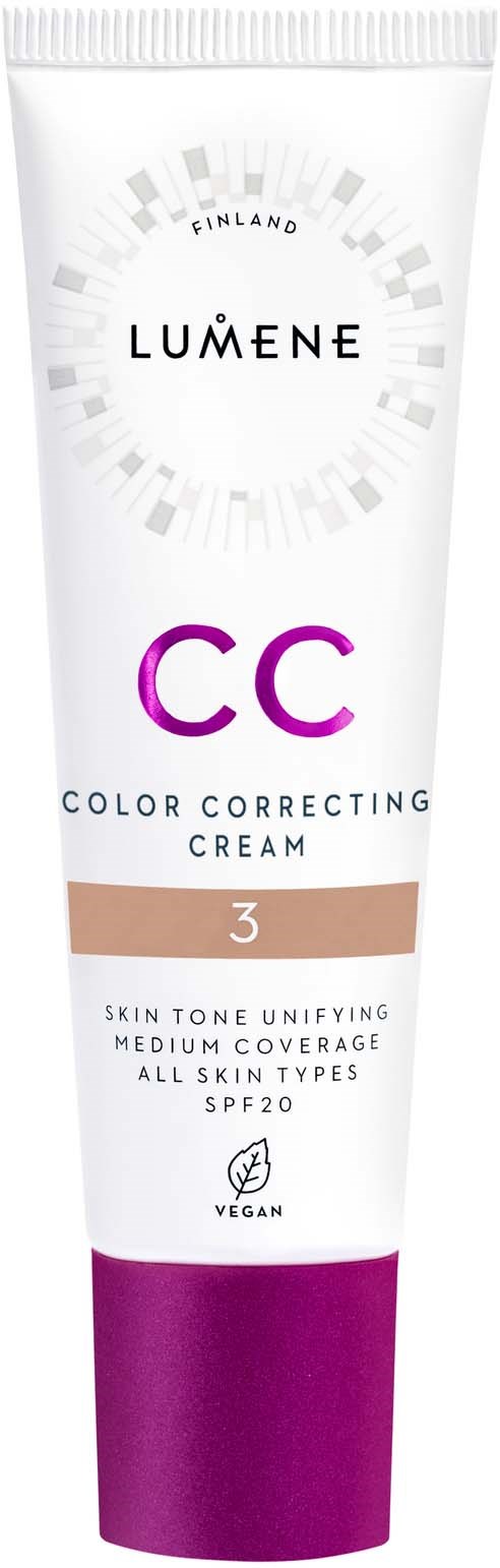 Eine Tube Lumene CC-Creme, die den Hautton ausgleicht, mittlere Deckkraft bietet, vegan ist und SPF 20 hat.