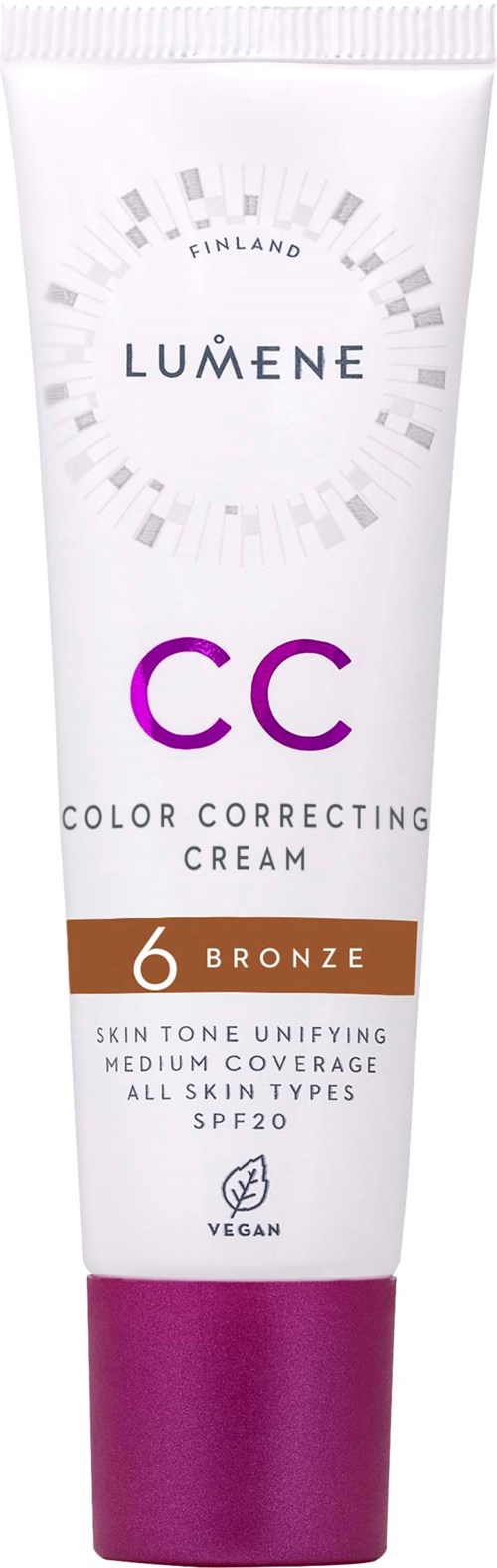 Tube Lumene CC Color Correcting Cream, bronze, für gleichmäßigen Hautton, SPF20, vegan, geeignet für alle Hauttypen.