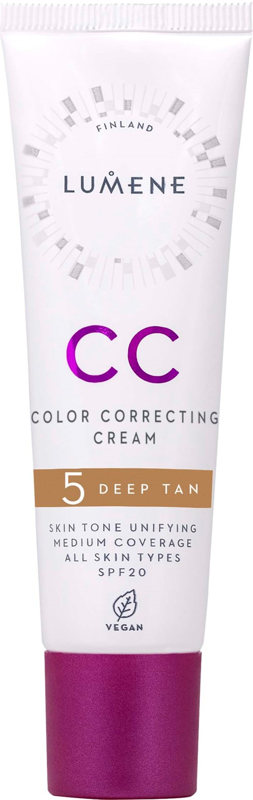 Weiße Tube Lumene CC-Creme mit lila und braunen Akzenten, für dunklen Teint, SPF 20, vegan.