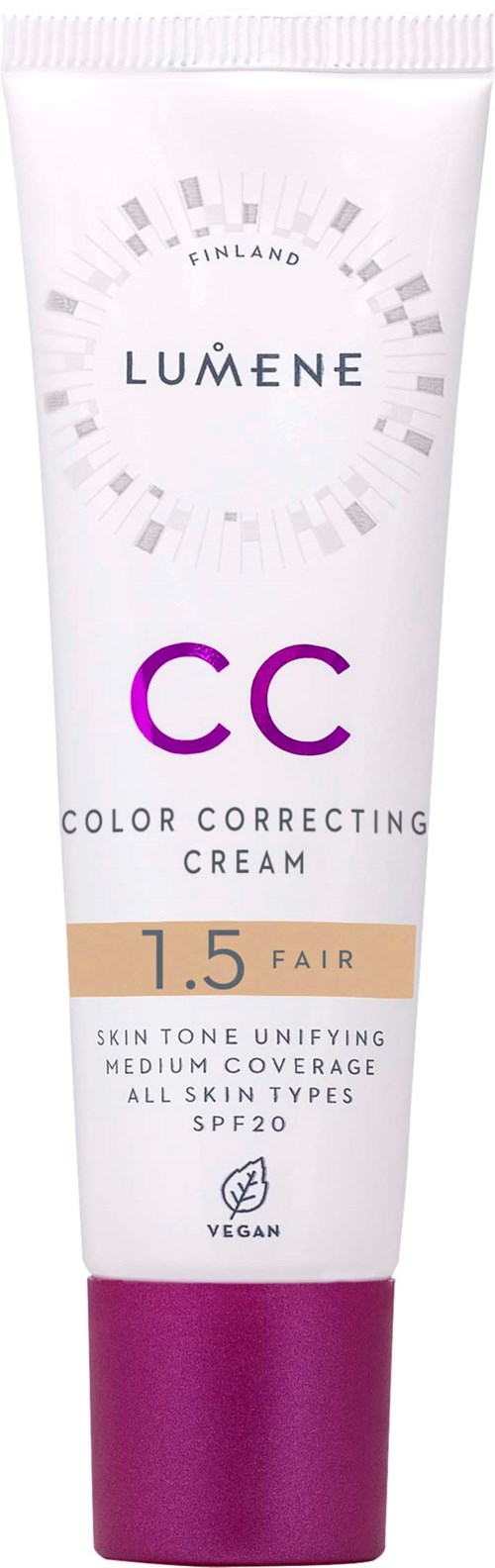 LUMENE CC-Cream Tube, mit SPF 20, geeignet für alle Hauttypen, mittlere Deckkraft, vegan.