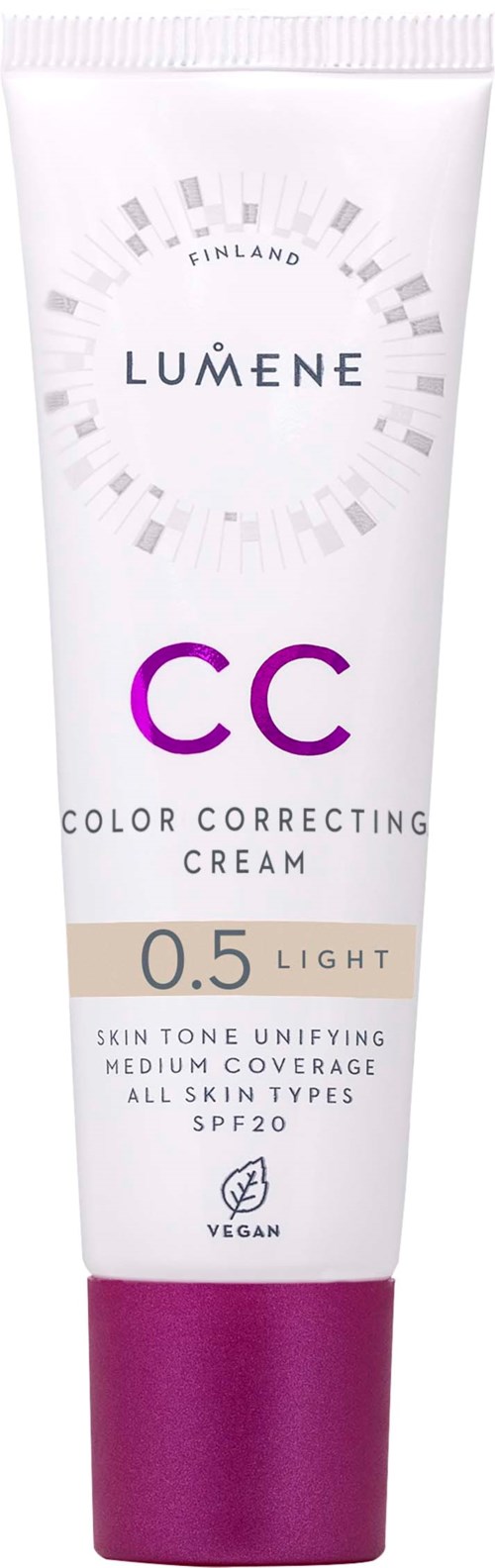 Eine Tube Lumene CC Farbkorrekturcreme, heller Ton, mit SPF 20, für alle Hauttypen, vegan.