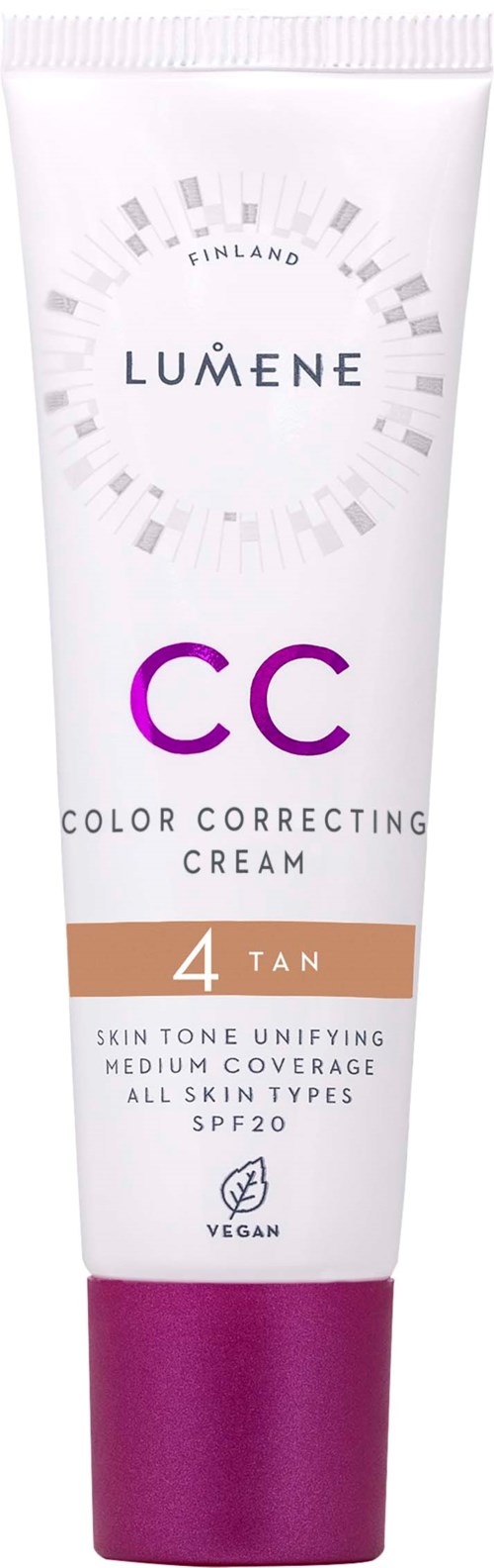 Weiße Tube mit Lumene CC-Creme, lila und goldene Akzente, für mitteltanende Haut, SPF20, vegan.