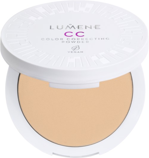 Een witte compact met beige poeder erin, gelabeld 'LUMENE CC Color Correcting Powder'.
