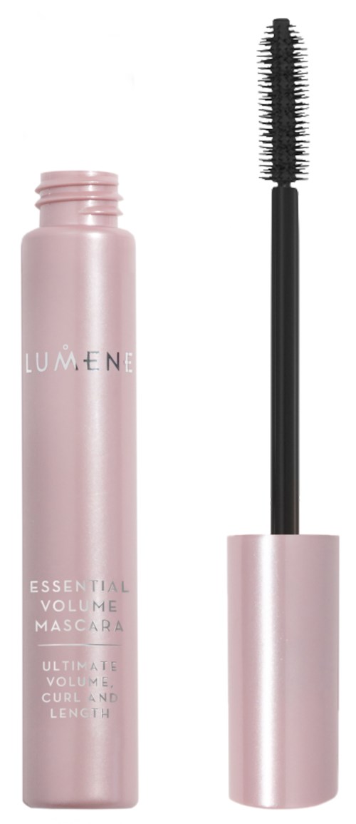 Eine rosa Lumene-Mascara mit entferntem Pinsel, der Pinsel ist am Deckel befestigt.