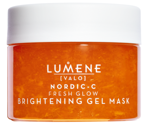 En liten burk med ljusorange gelémask med vit lock, märkt Lumene Valo Nordic-C Brightening Gel Mask.