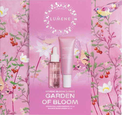Lumene Garden of Bloom -tuotesarjan pakkaus, sisältää seerumin ja kosteusvoiteen, vaaleanpunaisella kukkakuvioidulla taustalla.