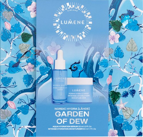 LUMENE Nordic Hydra Garden of Dew, vesipohjainen kosteussarja ja kosteusvoide kukkakuvioinnilla.