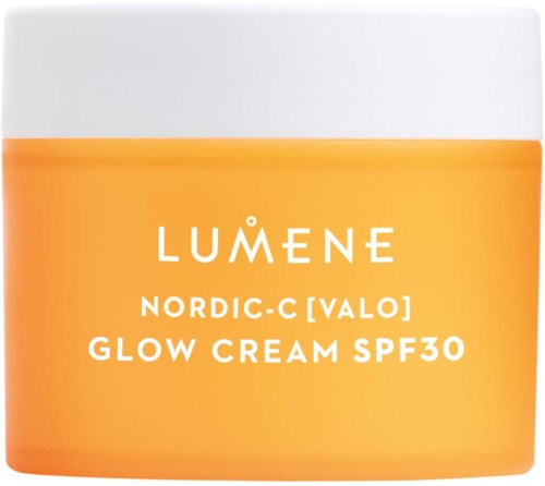 LUMENE Nordic-C Valo Glow Cream met SPF30 in een oranje pot.