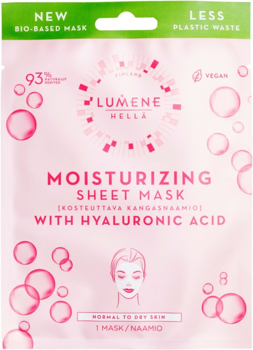 Roze en witte verpakking van een hydraterend sheetmasker met hyaluronzuur voor normale tot droge huid.