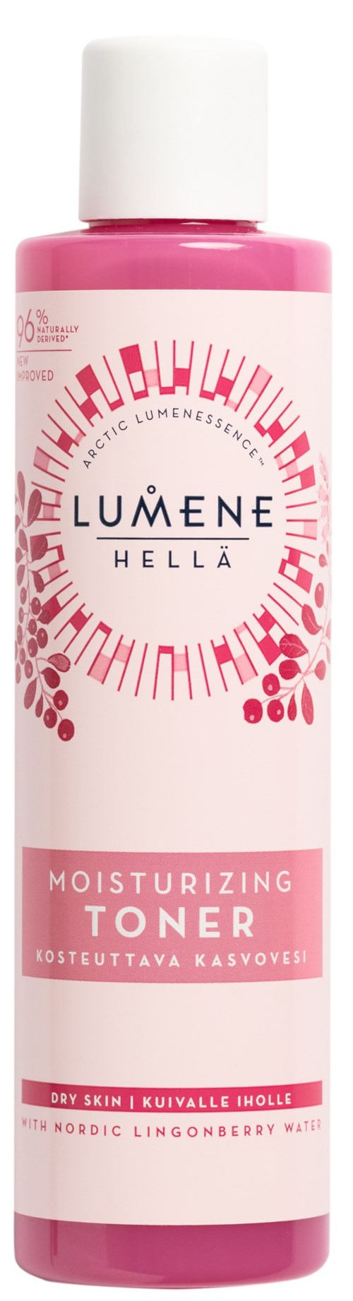 Roze flesje van Lumene Hello hydraterende tonic, geschikt voor droge huid, bevat lingonbessensap, eenvoudig label.