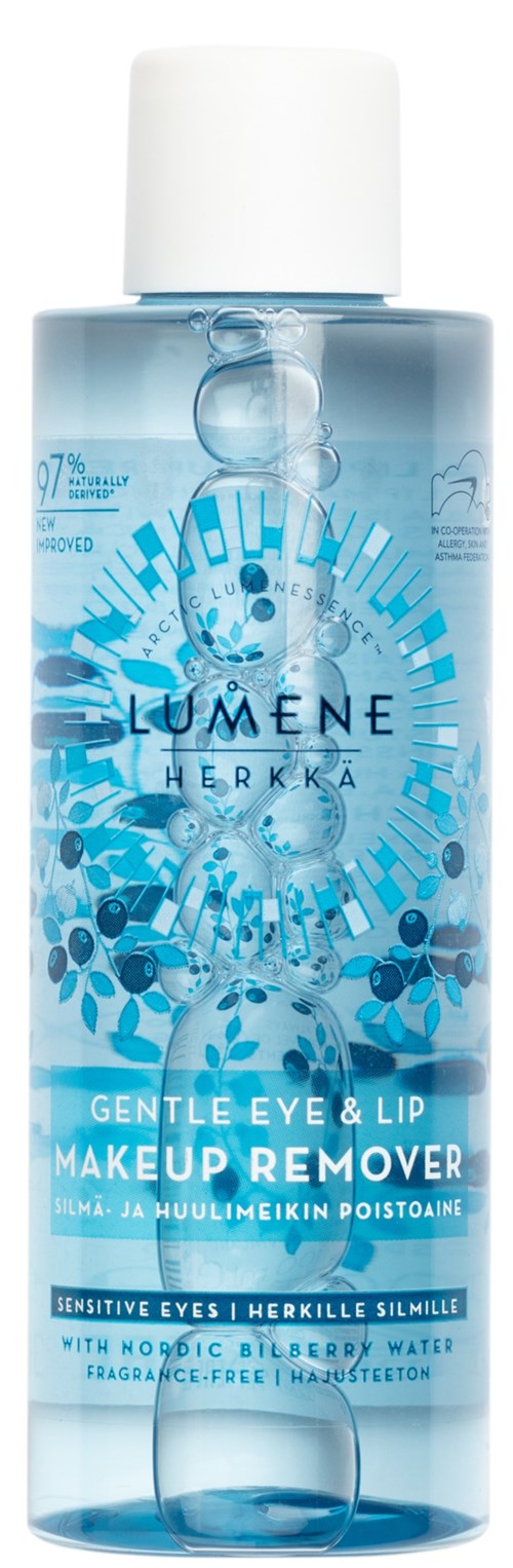 Eine transparente Flasche mit blauer Flüssigkeit, beschriftet Lumene Herkka sanfter Make-up-Entferner für Augen und Lippen.