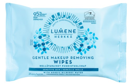 Blue package of gentle makeup remover wipes with berry water, suitable for sensitive skin.