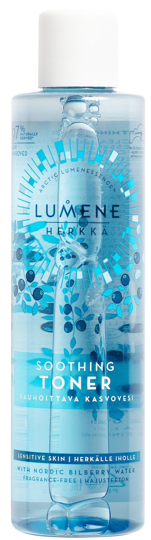 Eine klare Flasche mit Beruhigungstoner, blauen Punkten und weißem Deckel. Auf dem Etikett steht, es ist für empfindliche Haut.