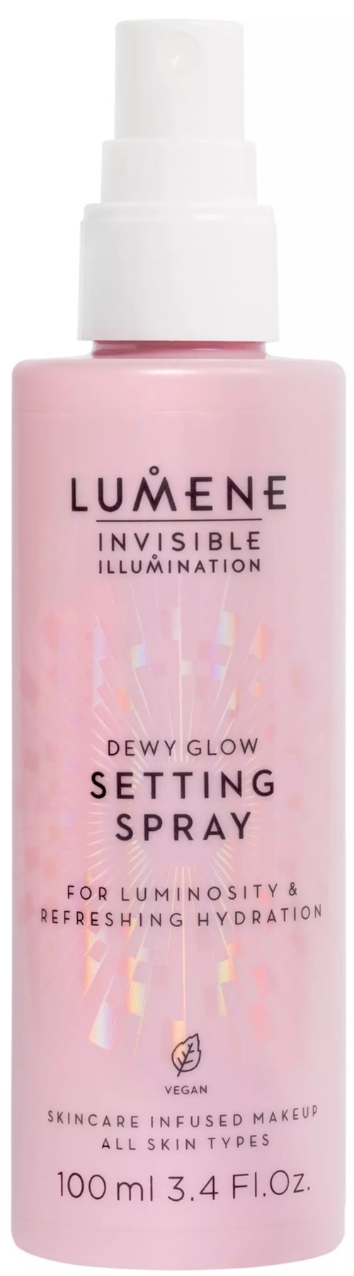 Helle pinke Flasche von Lumene Dewy Glow Setting Spray für strahlende Haut. Es ist vegan und spendet Feuchtigkeit.