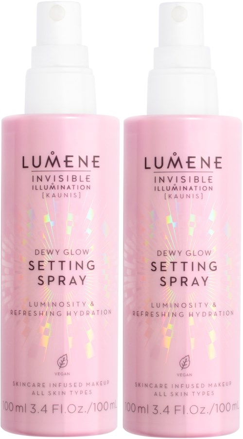 Twee roze flessen Lumene Dewy Glow Setting Spray met witte doppen, bevorderen hydratatie en glow.