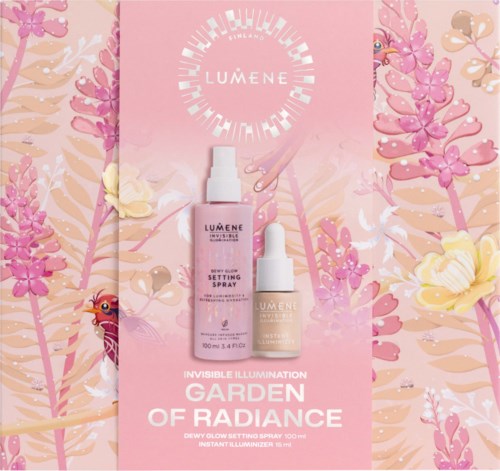 Två Lumene hudvårdsprodukter, en spray och en droppflaska, visas på en rosa blomsterbakgrund med texten GVARDEN OF RADIANCE.
