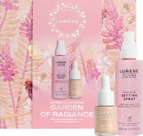 Set med Lumene hudvårdsprodukter med rosa förpackningar och blomsterbakgrund, inklusive inställningsspray och serum.