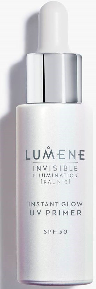 Valkoinen pullo tiputetikolla, merkiltä Lumene Instant Glow UV Primer SPF 30, kasvojen meikin valmistelemiseen.