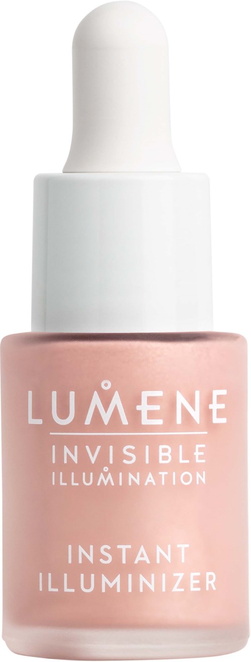 Eine kleine rosa Flasche mit weißen Deckel und Pipette, beschriftet Lumene Invisible Illumination Instant Illuminizer.