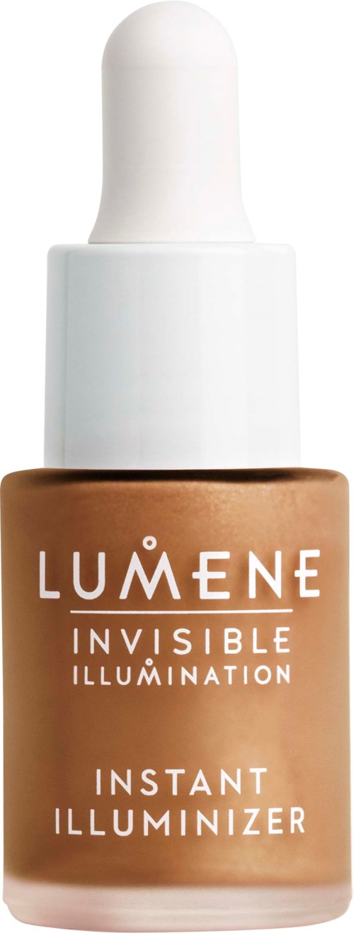 Kleine beige Flasche mit weißem Tropfverschluss, beschriftet Lumene Invisible Illumination Instant Illuminizer.