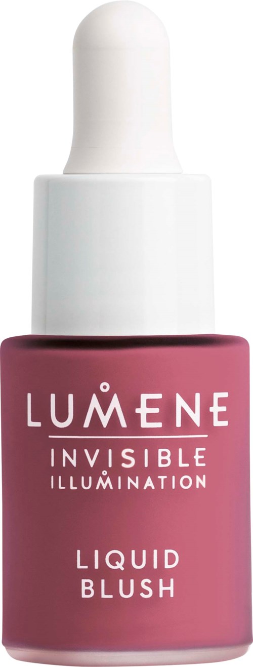 Een roze fles met witte druppelkop, gelabeld Lumene Invisible Illumination Liquid Blush.