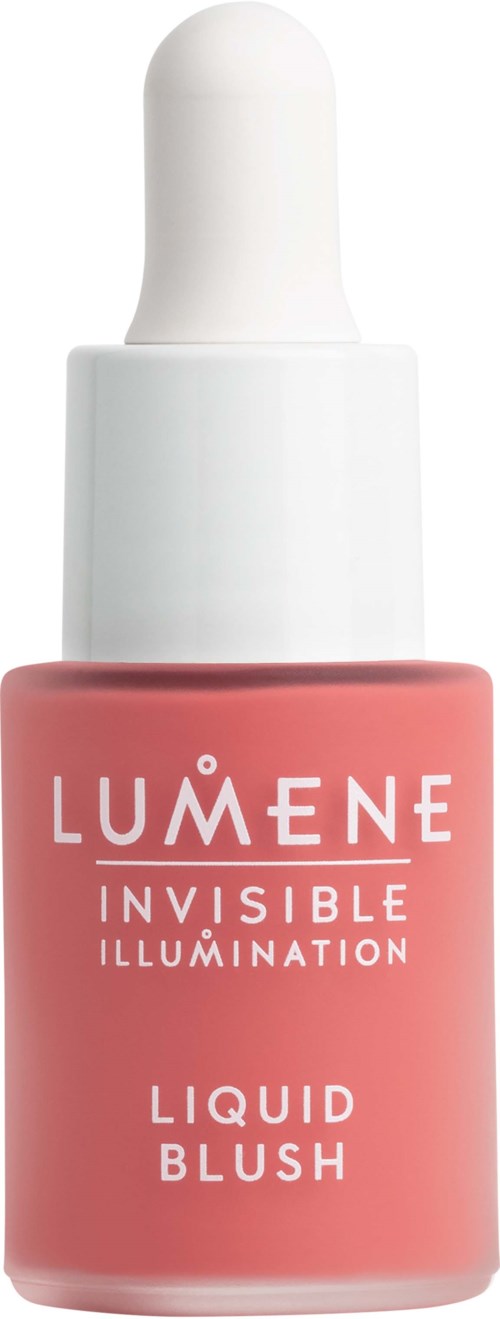 Een roze fles met Lumene Invisible Illumination Liquid Blush en een witte druppelkraantje.