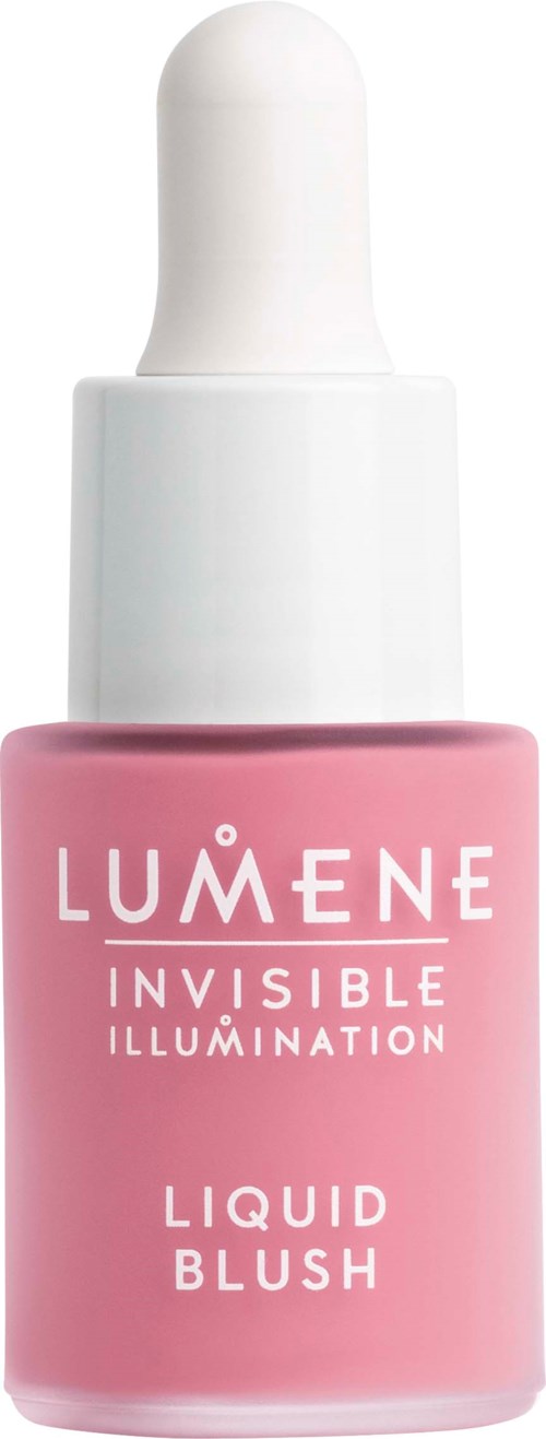 Kleine rosa Flasche mit weißem Tropfverschluss, beschriftet 'Lumene Invisible Illumination Liquid Blush.'