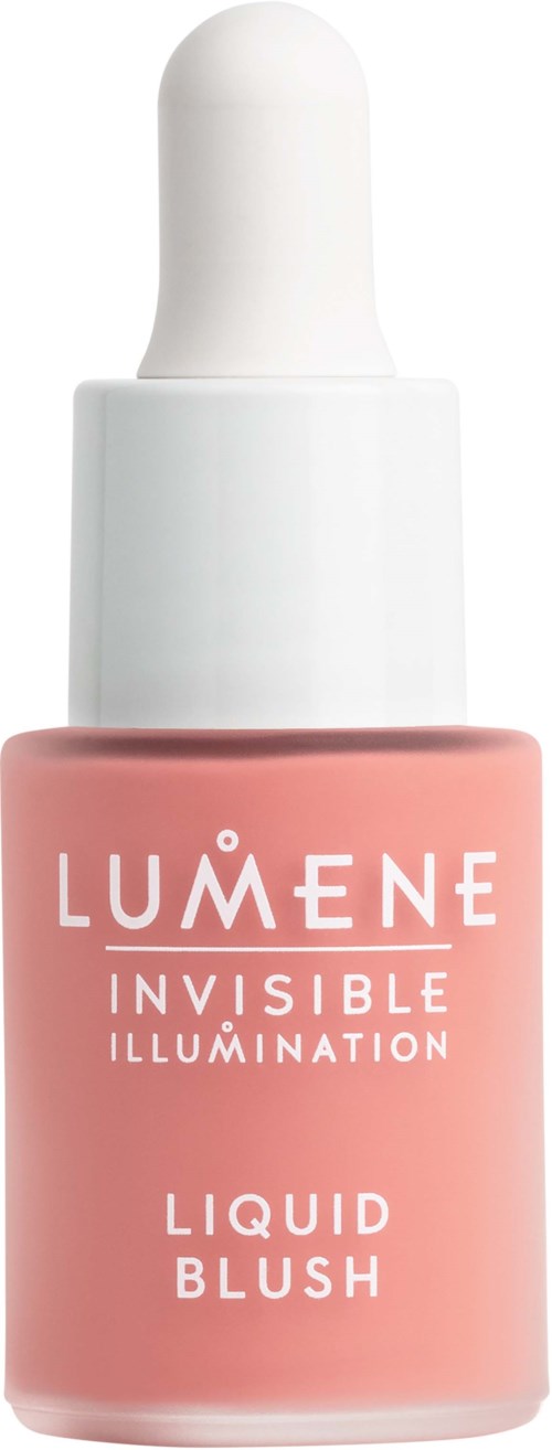 Roze vloeibare blush in klein flesje met witte druppelaar. Merk: LUMENE, voor een natuurlijke gloed.