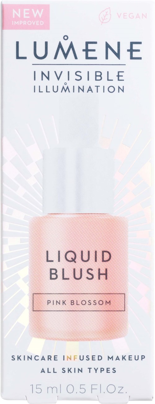Roze vloeibare blush in fles; verpakking benadrukt huidverzorging voor alle huidtypes; gemarkeerd als vegan en verbeterd.