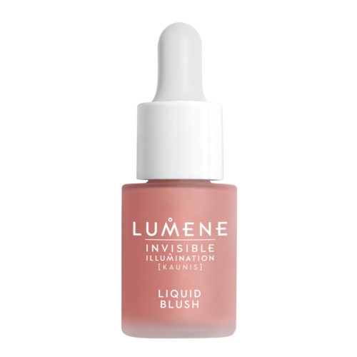 En rosa flaska med Lumene Invisible Illumination flytande blush, med ett vitt pipettlock.