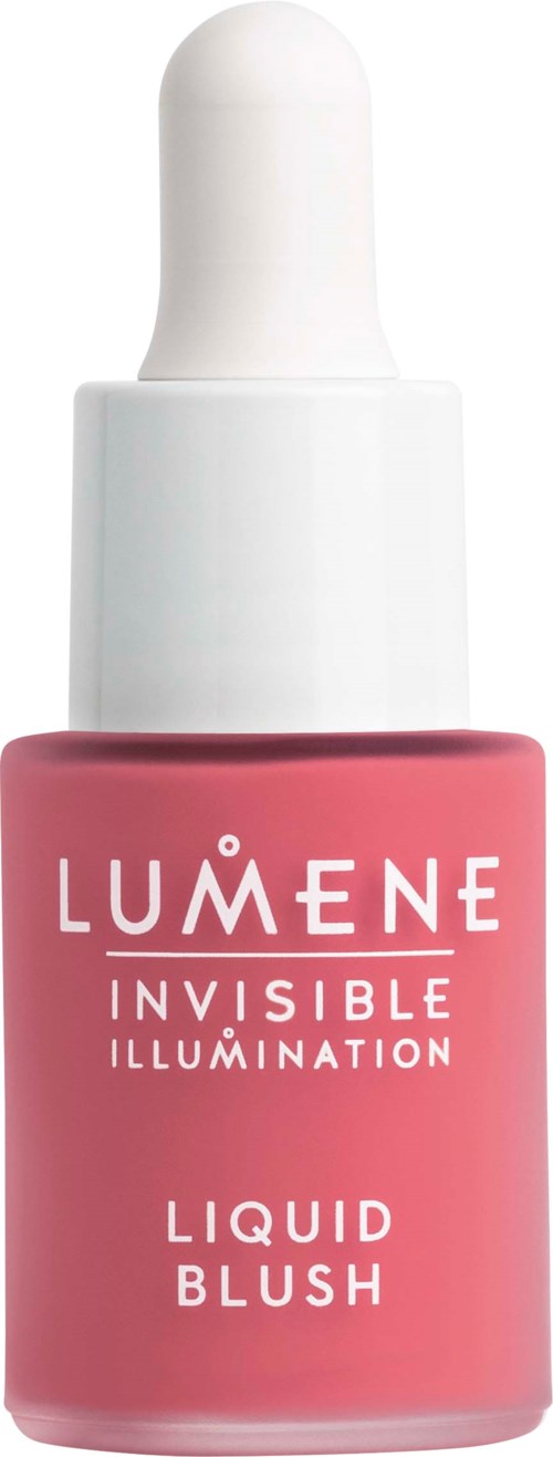 Een roze fles met witte dop en pipet, gelabeld 'Lumene Invisible Illumination Liquid Blush.'