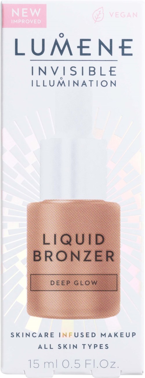 Ein Gesicht-Make-up-Produkt namens Liquid Bronzer für alle Hauttypen, bietet einen tiefen Glanz in einem 15 ml Behälter.