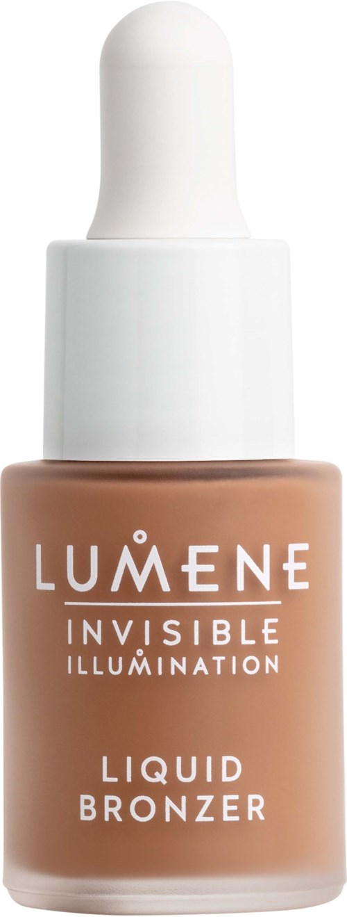 Een fles vloeibare bronzer met witte dop en pipet, gelabeld Lumene Invisible Illumination.