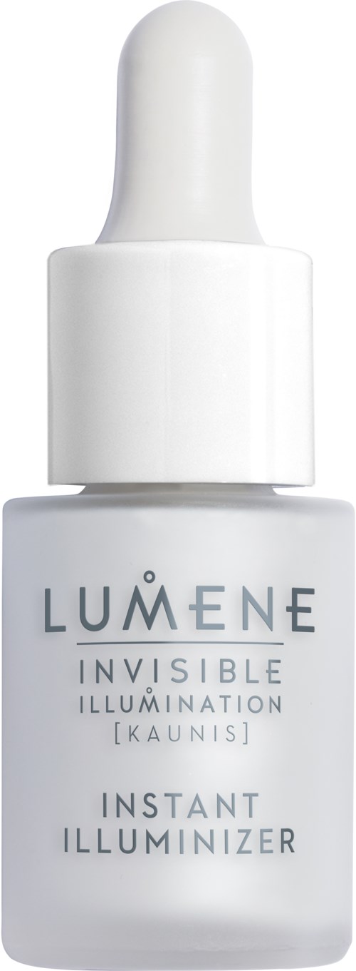 En liten vit flaska med dropplikon, märkt Lumene Invisible Illumination Instant Illuminizer.