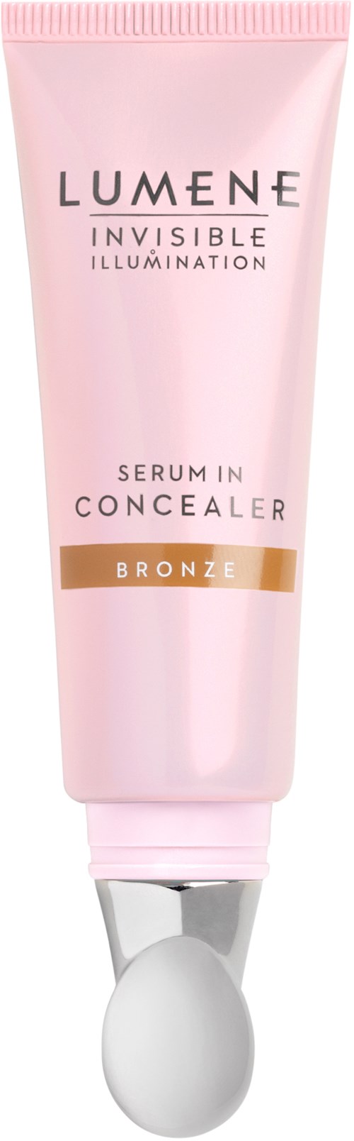 En rosa tub av Lumene Invisible Illumination concealer med brunt nyanse, med en vit applikator spets.