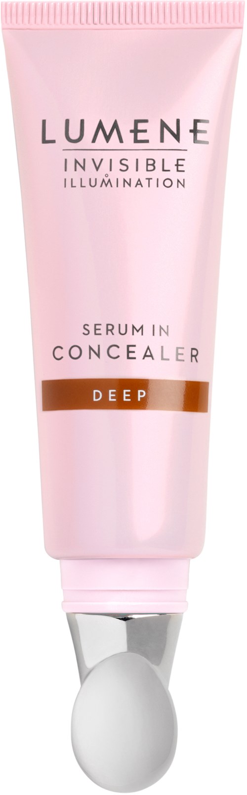 Ljusröd tub med Lumene Invisible Illumination concealer och vit applikatorspets.
