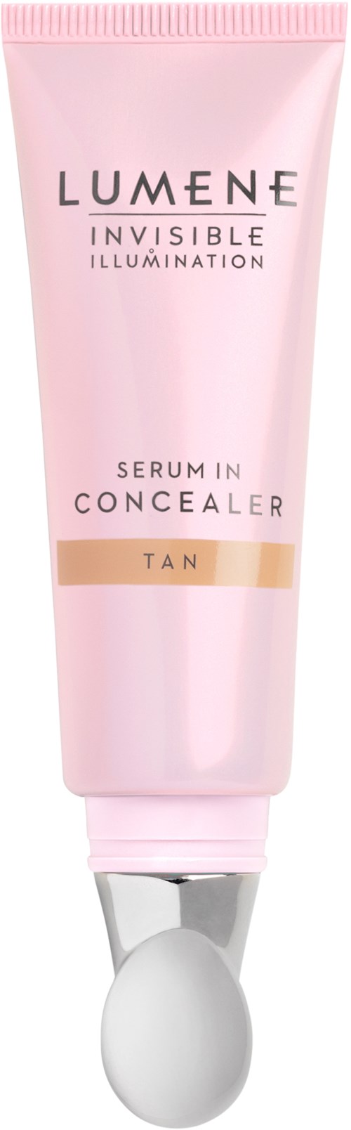 Roze tube Lumene Invisible Illumination concealer, geschikt voor een gebruinde huid, met een witte applicatorbal.