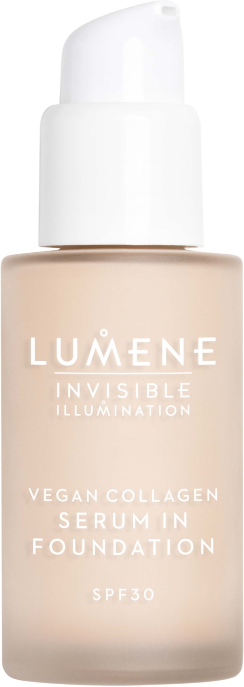 Een beige foundationsfles met een witte pomp, gelabeld Lumene Invisible Illumination vegan collageen serum SPF30.