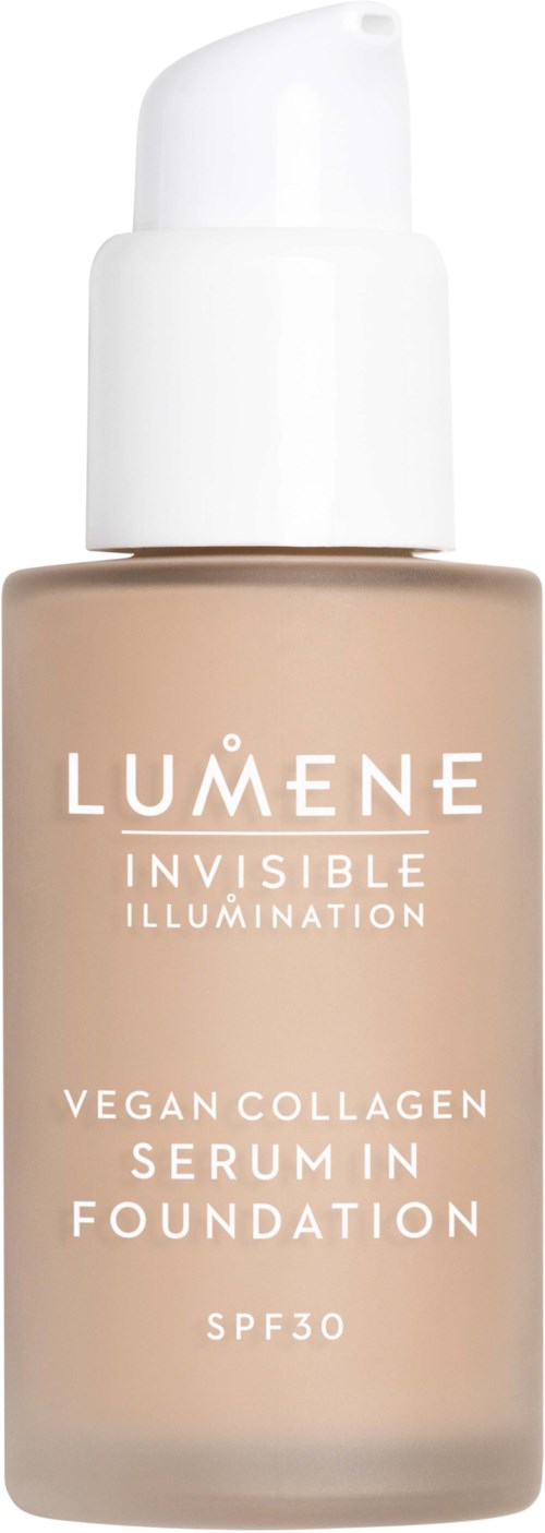 Een beige foundationfles met pomp, gemerkt Lumene Invisible Illumination Vegan Collagen Serum in Foundation SPF30.