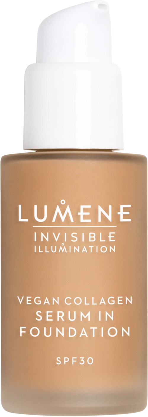 Fles Lumene vegan collageen serum in foundation met SPF 30, beige kleur, met witte pomp en label.