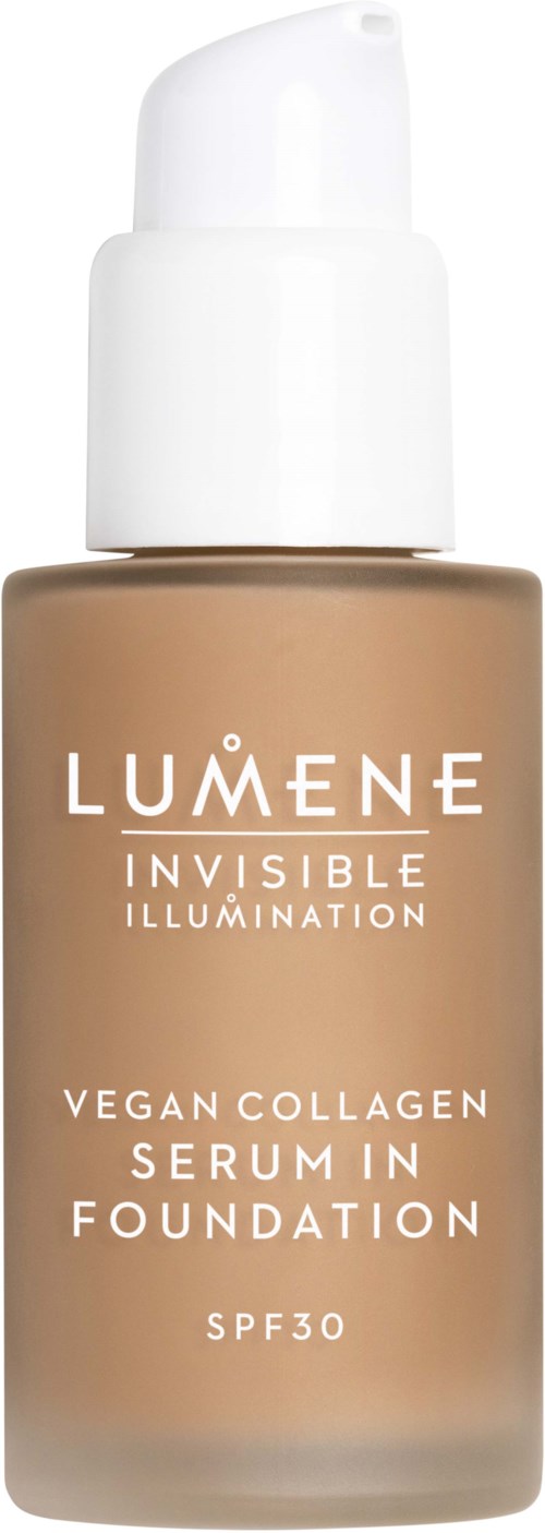 Een beige fles Lumene Invisible Illumination vegan collage serum met witte pomp en SPF30.