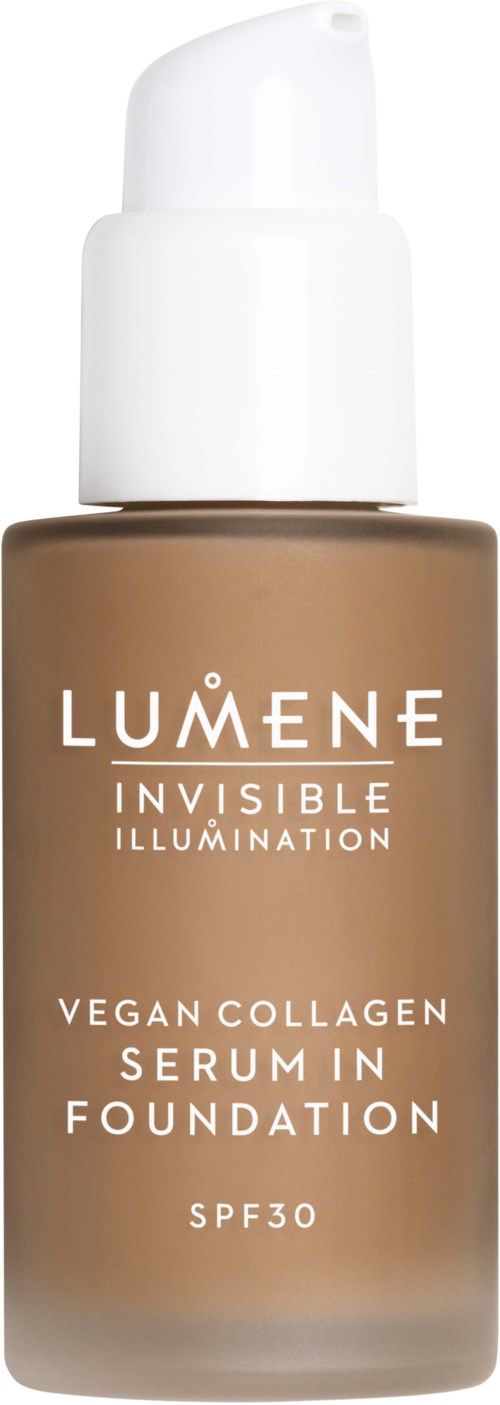 Een bruine fles Lumene Invisible Illumination vegan collageen serum met SPF30.