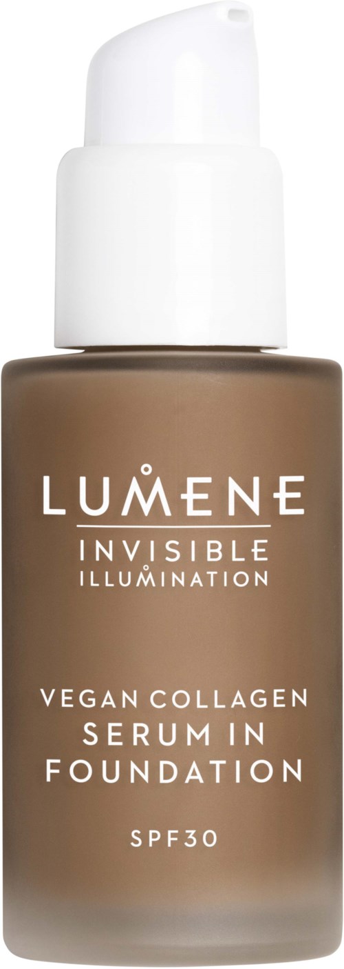 Een bruin flesje met een witte pomp met label Lumene Invisible Illumination vegan collageenserum in foundation, SPF 30.
