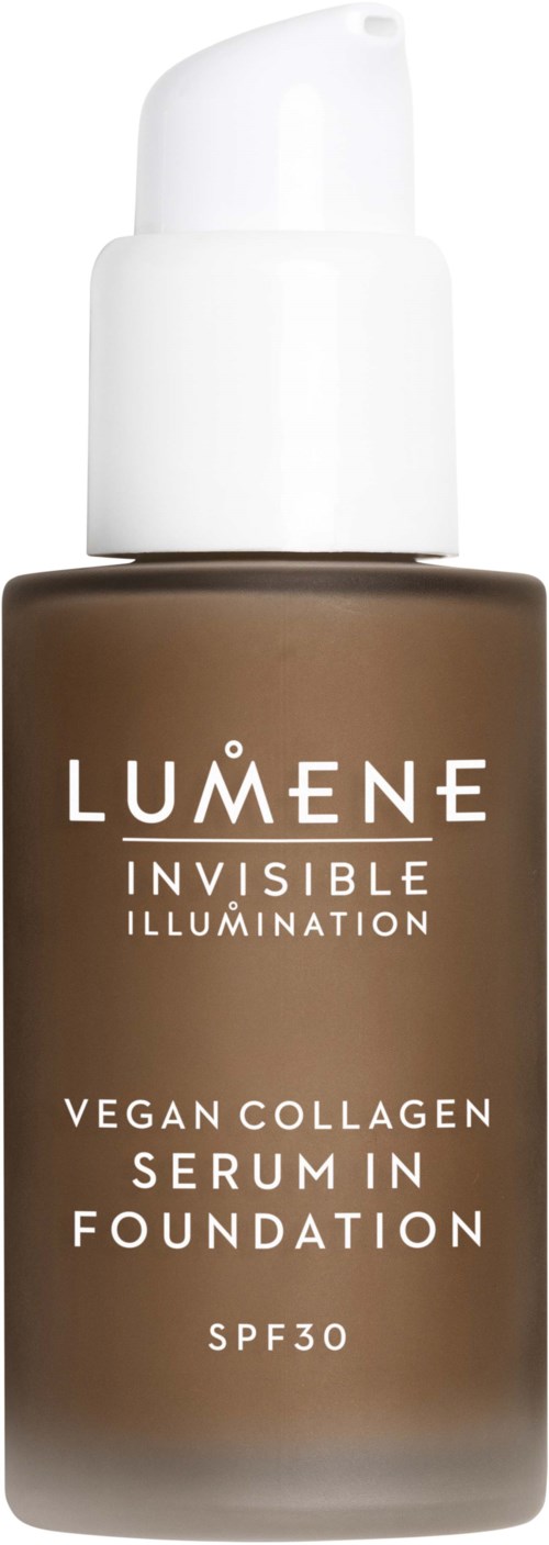 Flesje Lumene vegan collageen serum met SPF30, bruin met witte tekst en pompdop.