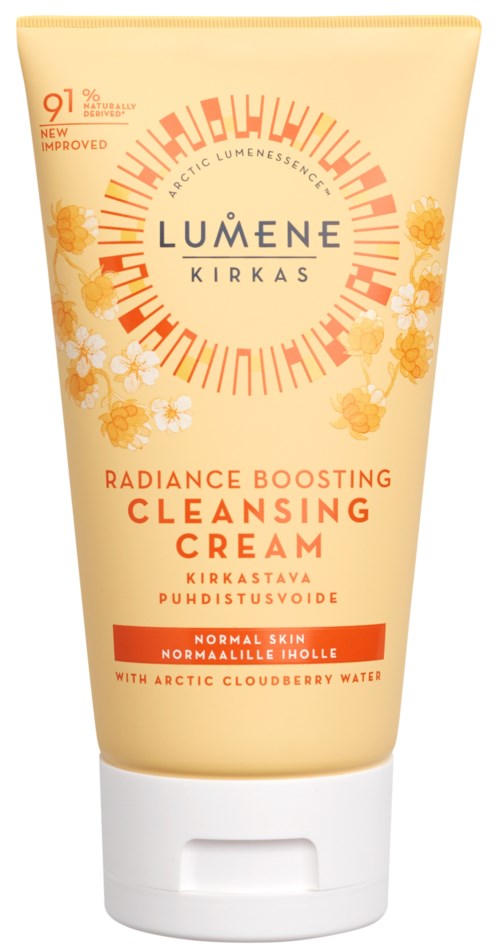 A tube of Lumene Radiance Boosting Cleansing Cream for normal skin with Arctic Cloudberry Water and orange flower accents.