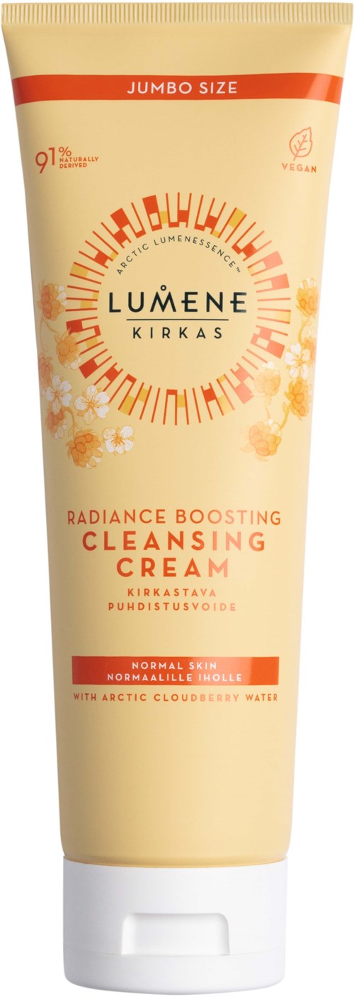 A tube of Lumene Kirkas Radiance Boosting Cleansing Cream with orange and white design, labeled for normal skin type.