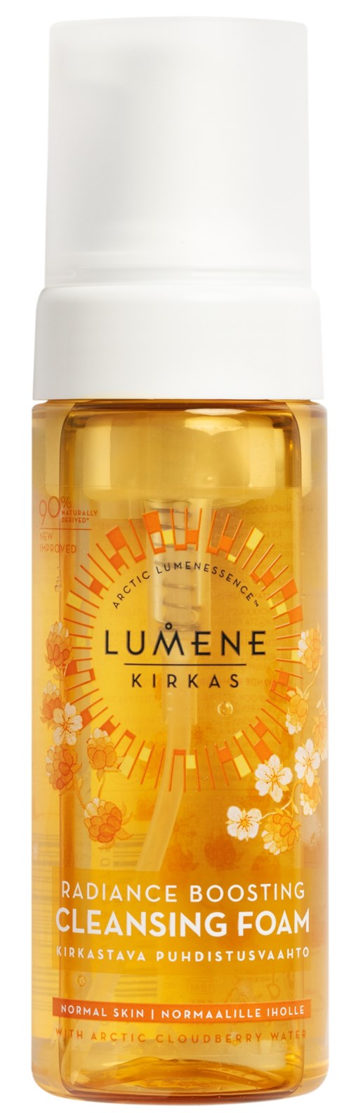 Een fles Lumene Kirkas Radiance Boosting Cleansing Foam met oranje en witte label.