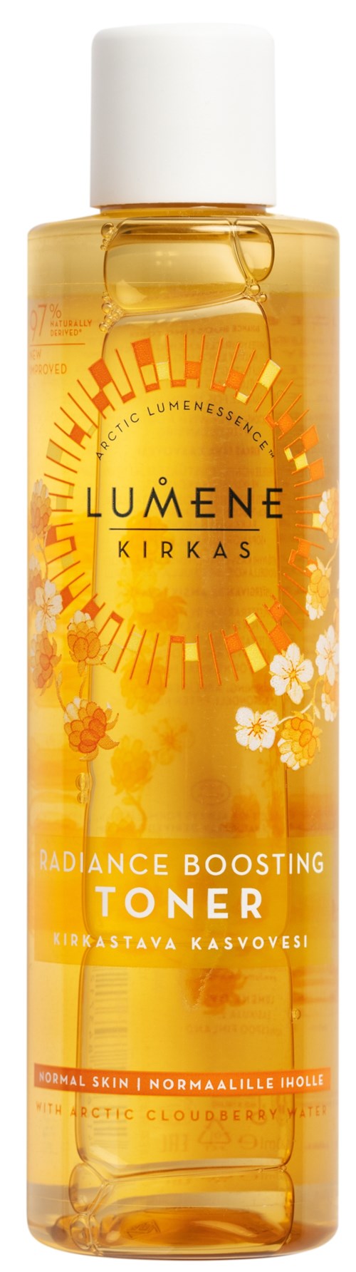 Een doorzichtige fles met gele vloeistof, bloemen en een witte dop. Tekst zegt 'Lumene Kirkas Radiance Boosting Toner.'
