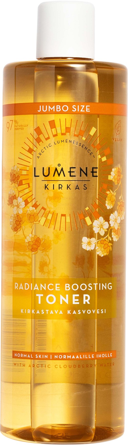 En lång, orangefärgad flaska innehåller Lumene Radiance Boosting Toner med blommor på etiketten.